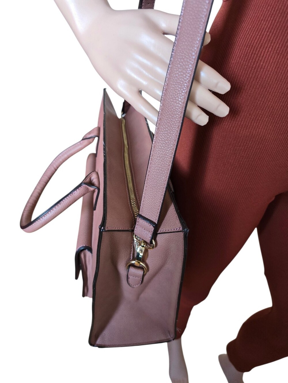 Justfab Women's Mauve Pink Pebbled Faux Leather Large Satchel Tote Handbag - Picture 4 of 16